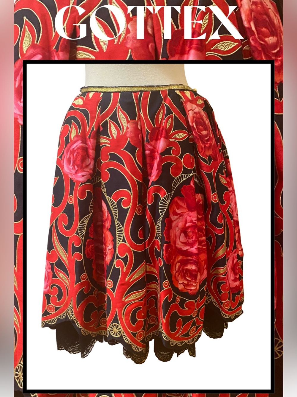 GOTTEX Skirt Black Lace Red Roses Gold Accents Day to Night NEW M Gorgeous